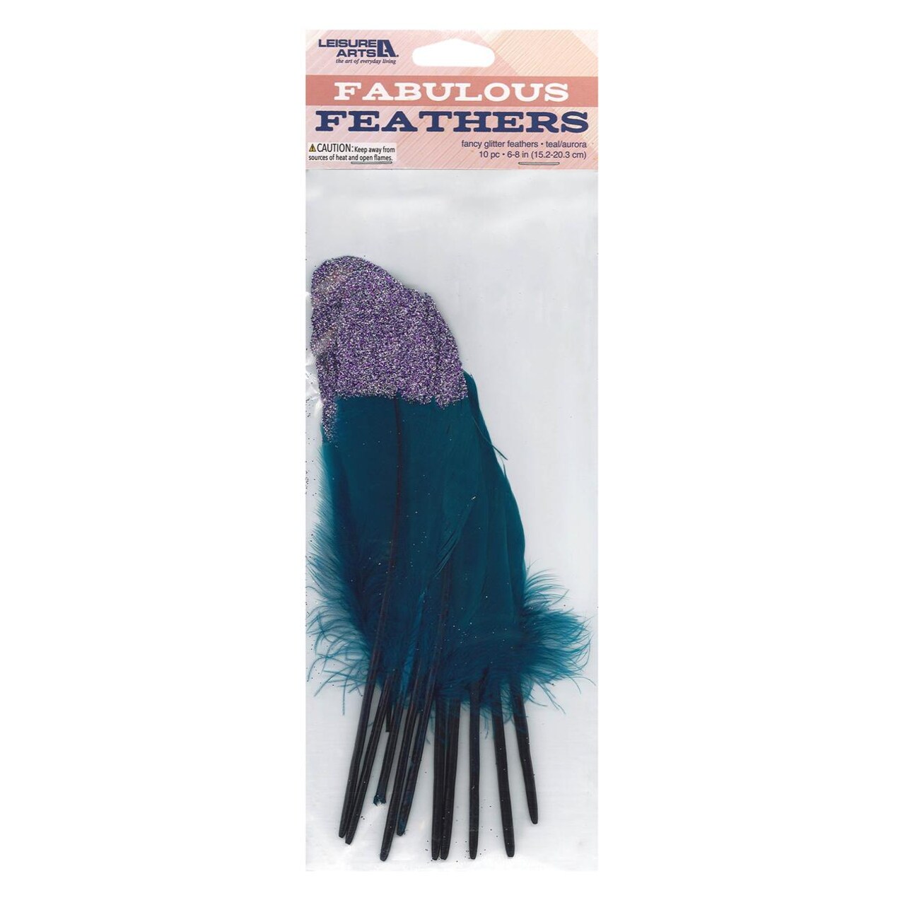 Leisure Arts Feathers Glitter Teal/Aurora 10pc - Dyed Teal Craft Feathers with Silver and Purple Glitter Tips, 6in-8in for DIY, Decor, Costume, Art Projects